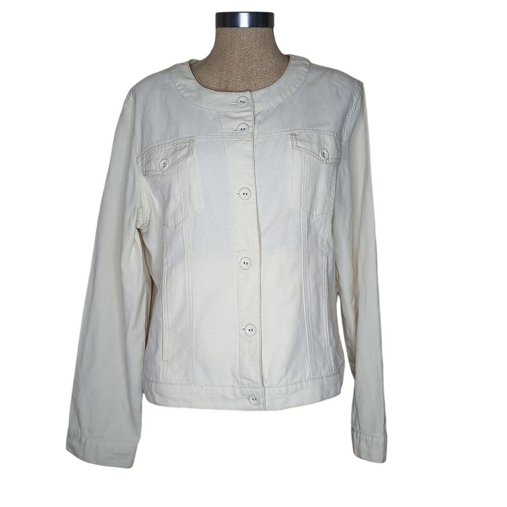 J. Jill Shacket Jacket Sz L Cream Long Button Front Sleeve Button Front